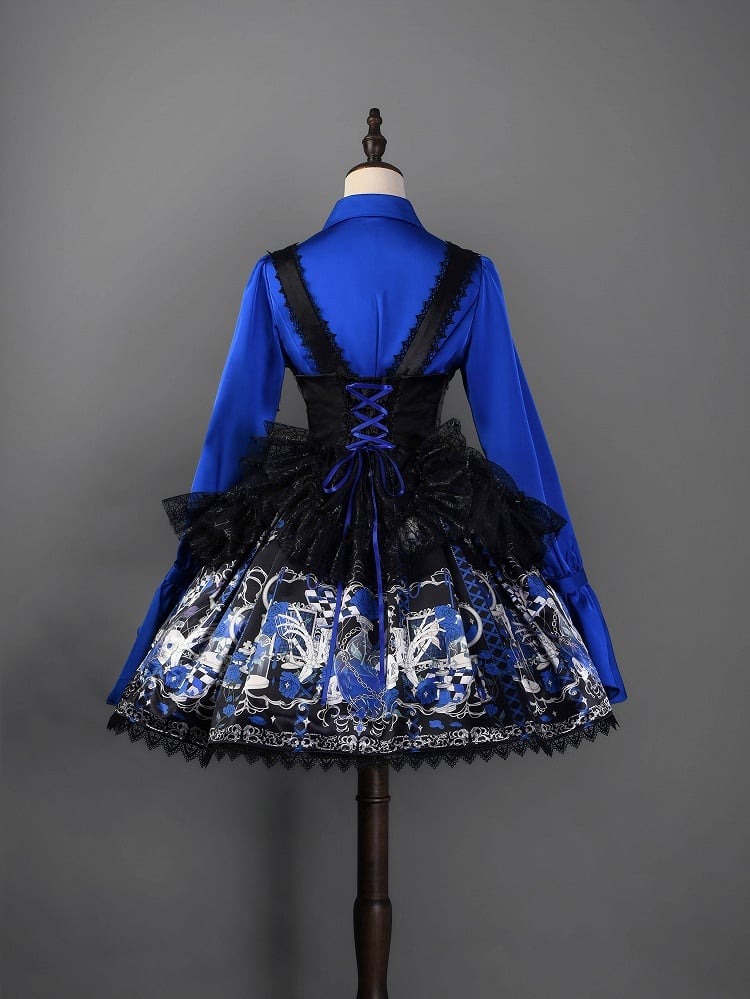 Short Skull Under and Spider with Print JSK Web Blue Dress Bust Gothic Lolita Rosette Overlay Klein