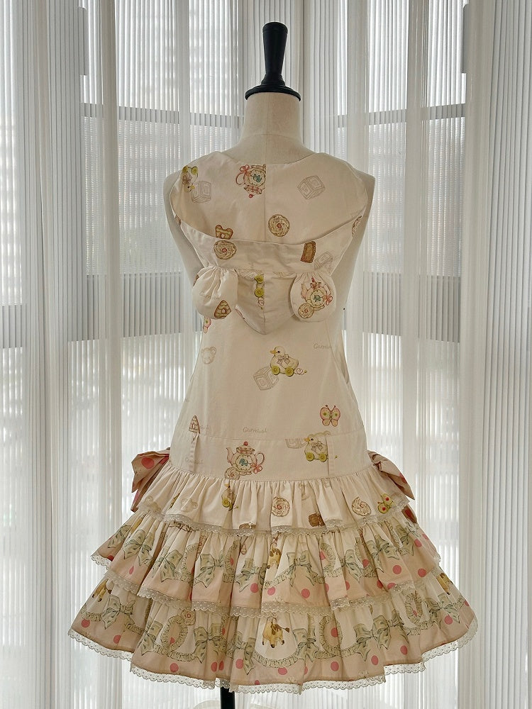 Print Dress Sweet with Waist Tiered Dropped Toys Hood Ears Skirt Bear Lolita Overall