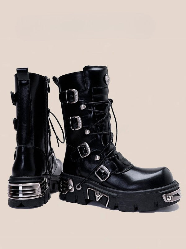Punk Plates Black Mid-Calf Boots Platform Gothic - Fastening Metal Triple