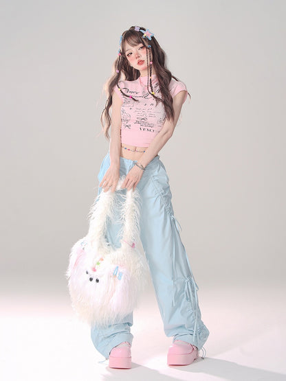 Blue Low Waist Wide-Leg Pants with Asymmetrical Drawstring Bows