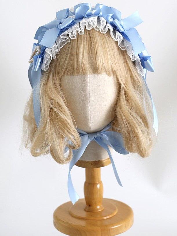 BlueWhite Details Bowknot Design Lolita Hairband Ruffled Heart Beaded Sweet