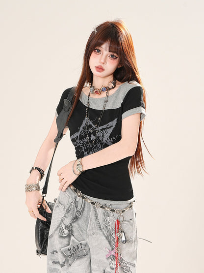 ブラックグレーの星柄フェイクツーピースTシャツ