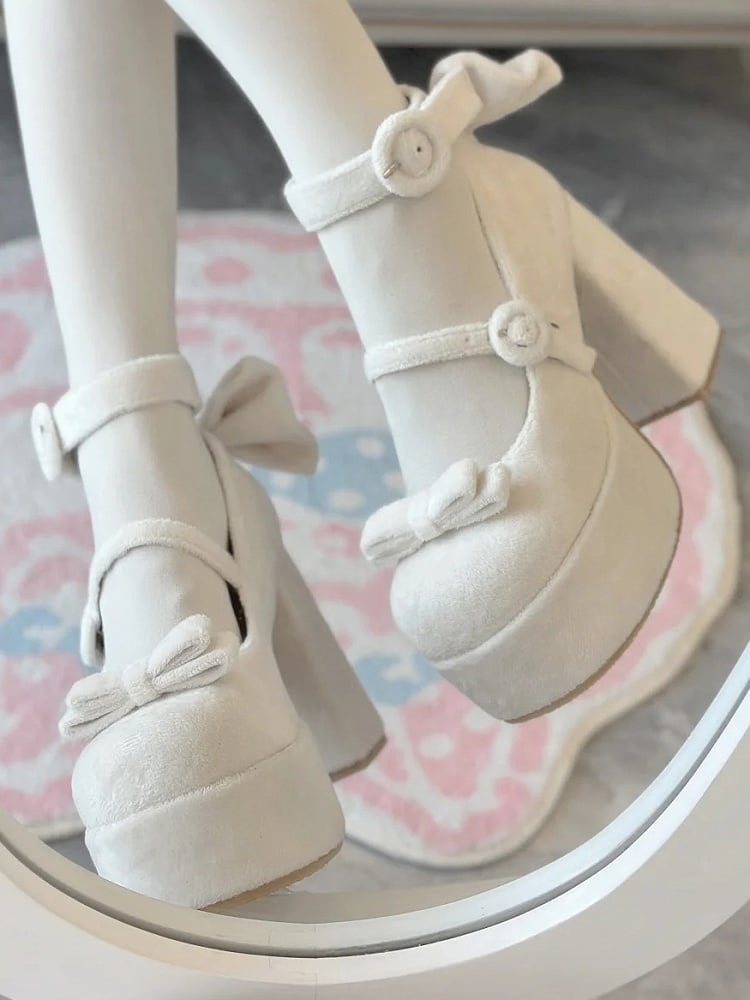 Classic Round White Velvet Bow High-heel Janes Buckle with Mary Detachable