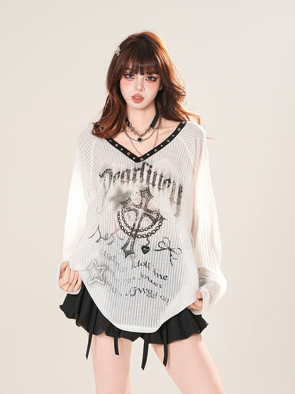 V-neck Cross Print Sun Protection Coverup Black/White