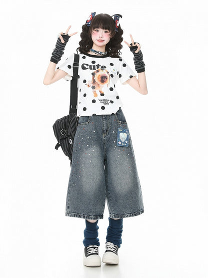 Washed Blue Cropped Wide Leg Rhinestone Jeans - Languid Park