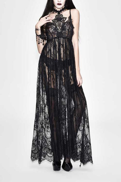 Black Sheer Lace High-Waist Sexy Halter Long Gothic Dress for Women