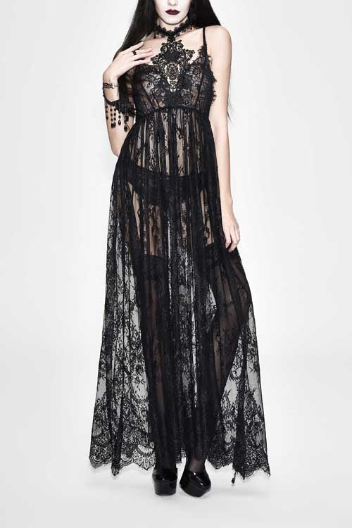 Black Sheer Lace High-Waist Sexy Halter Long Gothic Dress for Women