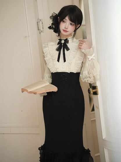 Beige Long Sleeve Blouse & Black Mermaid Skirt Boned Waist Lolita Dress - With PUJI