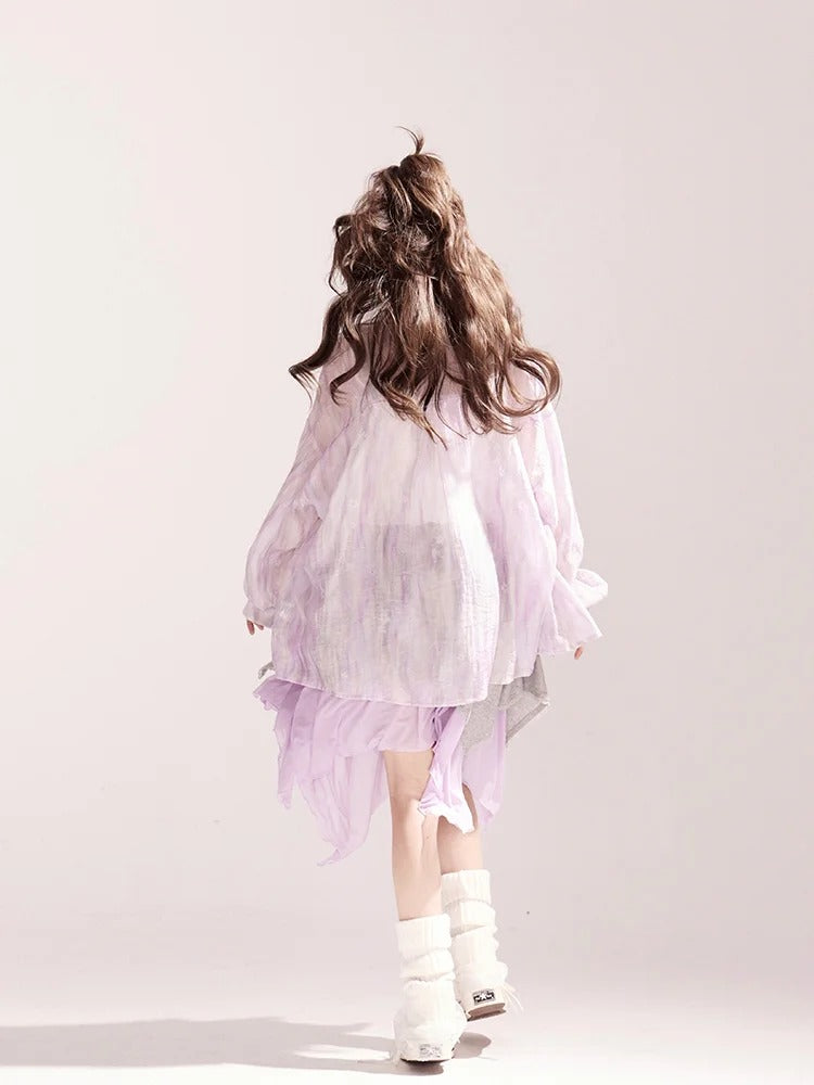 ライトウエスト ワイドレッグ カジュアル ルーズ シャツ/パンツ パープル ドローストリング