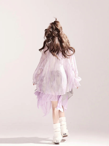 ライトウエスト ワイドレッグ カジュアル ルーズ シャツ/パンツ パープル ドローストリング