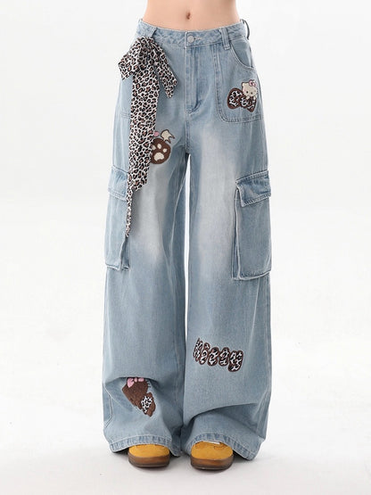 Cat Decoration Cargo Jeans with Leopard Print Lace-Up - Rayohopp