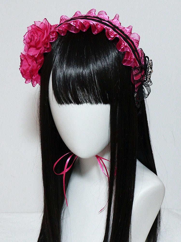 Design with Ruffled Decorated Rhinestone Hairband Black Rose Rosette Red Bowknot