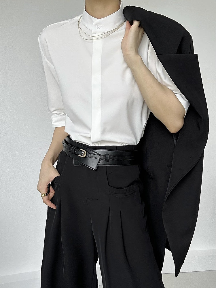 Ouji Lolita White Unisex Short Sleeve Shirt with Mandarin Collar & Button-Down Front