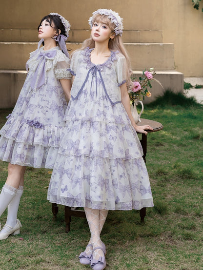 パープルのハイウエストリボンティアードスカートのサマーロリータドレス