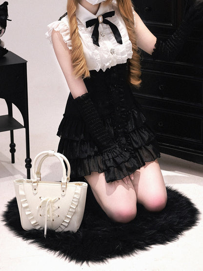 Skirt Tiered Dress: Two-Piece Sleeves White and Black Ruffle Flutter Faux Placket Jirai Kei with