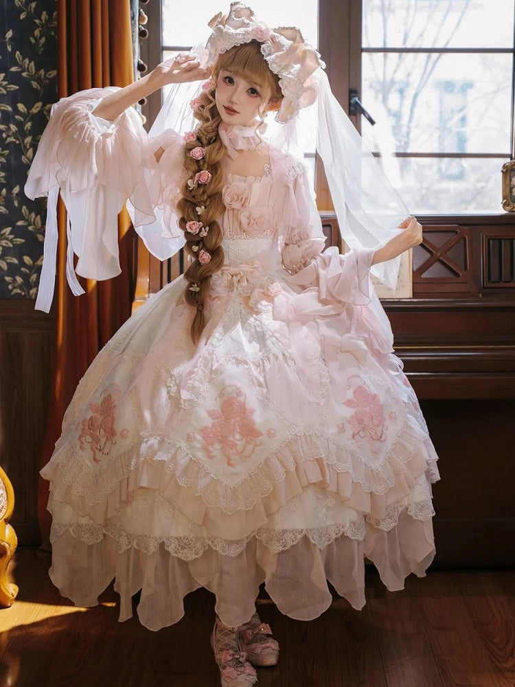 Ruffles Hanayome Light Dress Pink Version Accents with Layered Flowing JSK Lolita Rose Long