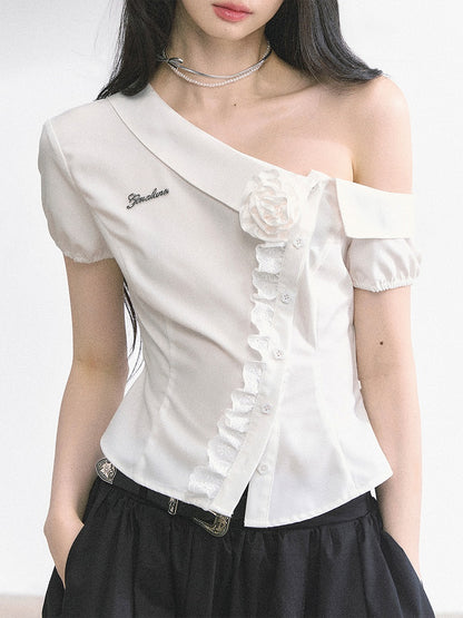 Floral White Trim Asymmetrical Foldover Collar Lace Short Sleeves Shirt Decoration
