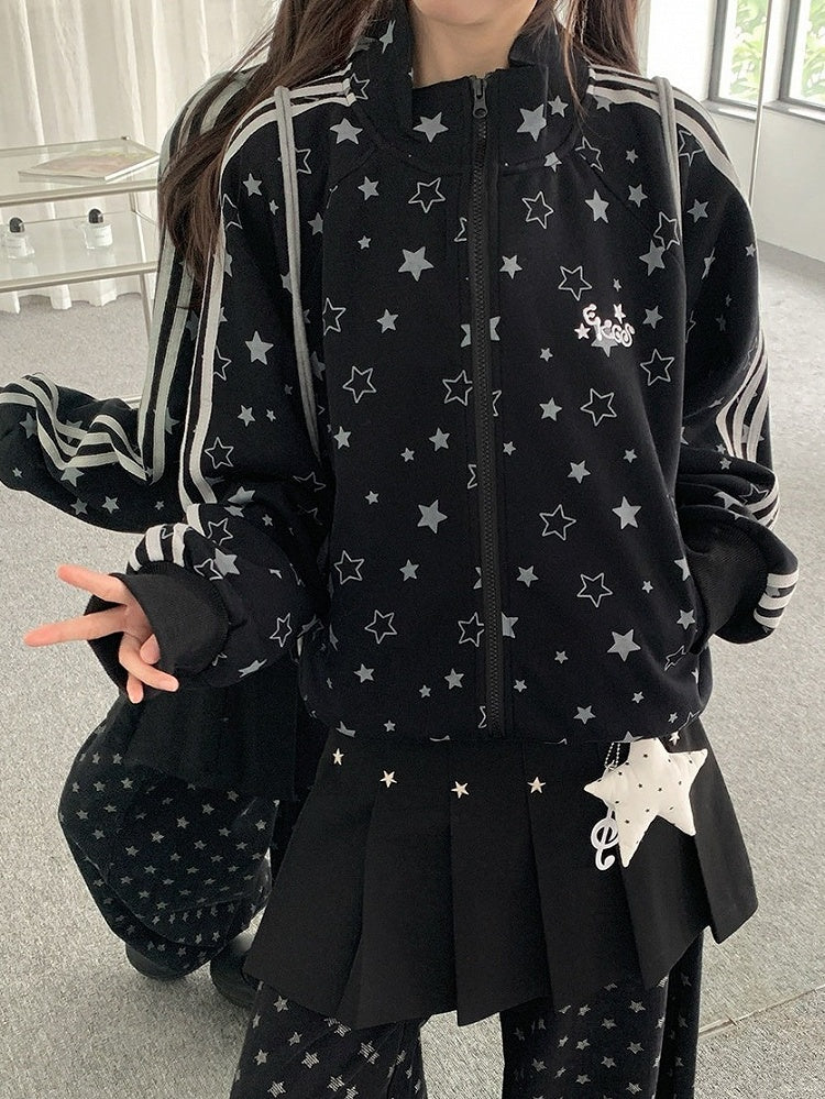 2-Color Y2K Star Zip-Up Jacket with Stripe Pattern - Solkatt
