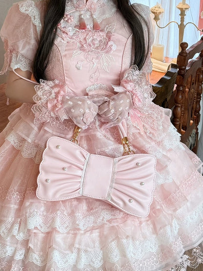Sweet Lolita Bowknot Bag with Pearls & Lace - Sheep Puff Bag