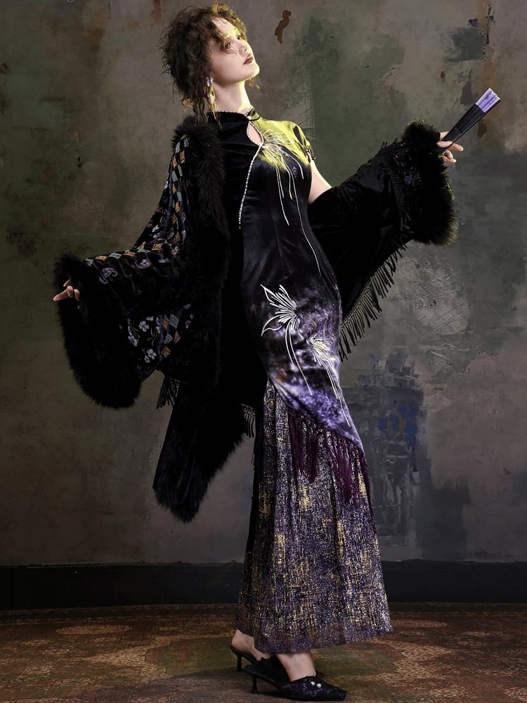 Chinese Qipao Butterfly Wing Embroidered Mermaid Dress Fringe - sijinstudio