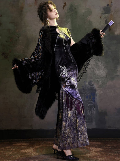 Chinese Qipao Butterfly Wing Embroidered Mermaid Dress Fringe - sijinstudio