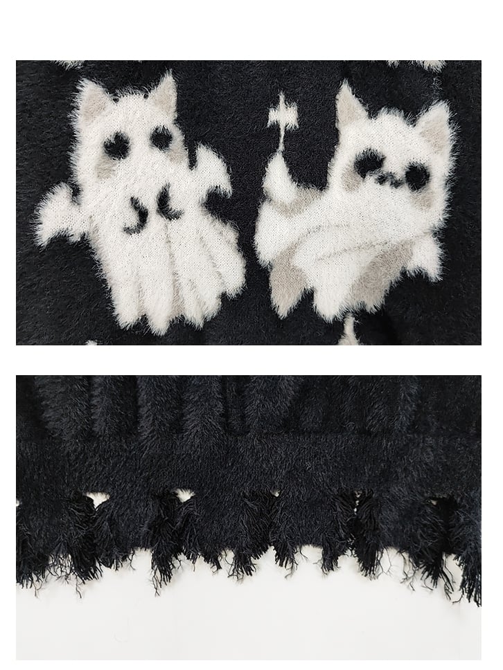 Süßer Geisterkatzen Distress Trim Schwarzer weicher Pullover