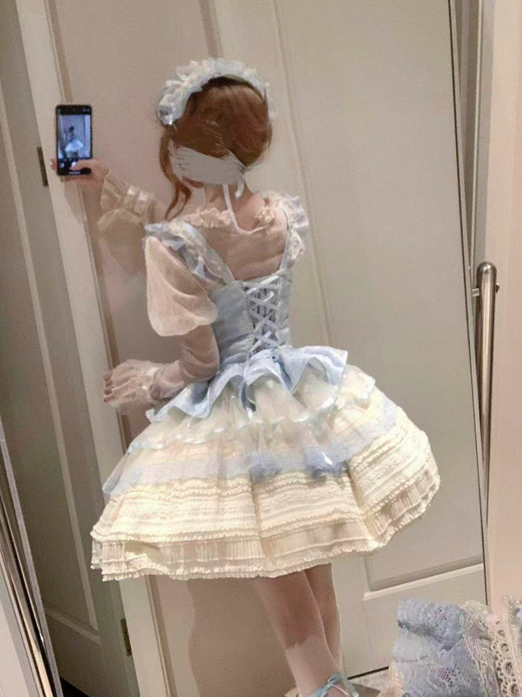 Sweet Blue & Beige Lace-Up Lolita JSK Dress with Lace Trim - Flying ear rabbit