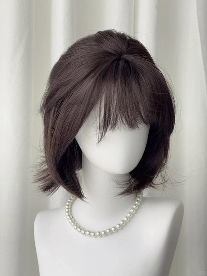 with Short Straight Bangs 30CM Full Black Wig Tea