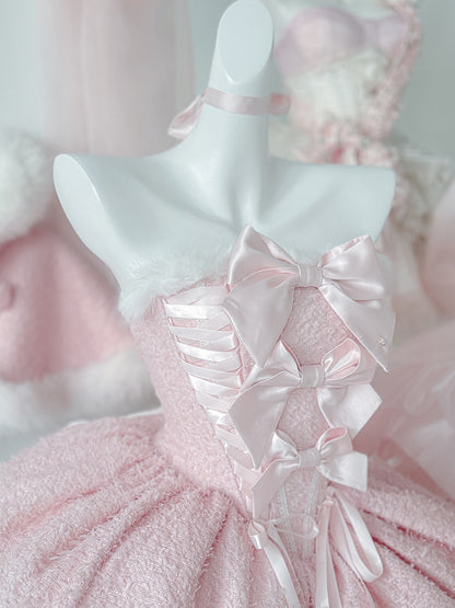 Pink Bow-Embellished Plush Neckline and Hem Boned Dress with Cape Set - POSHEPOSE