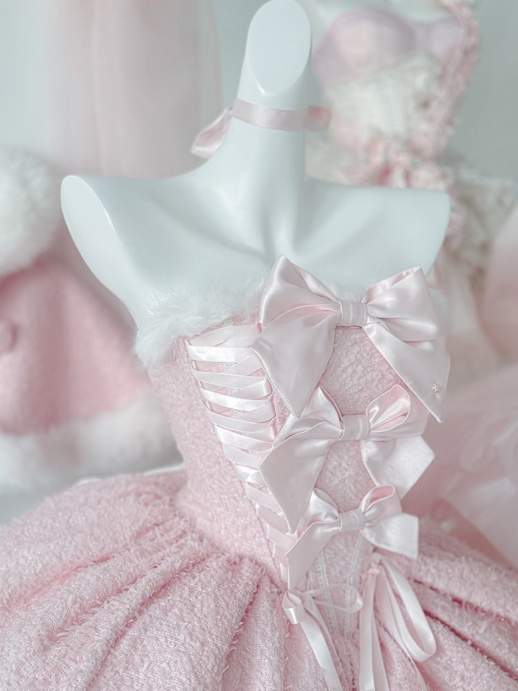 Pink Bow Decorated Plush Trim Boned Dress with Cape Set - POSHEPOSE