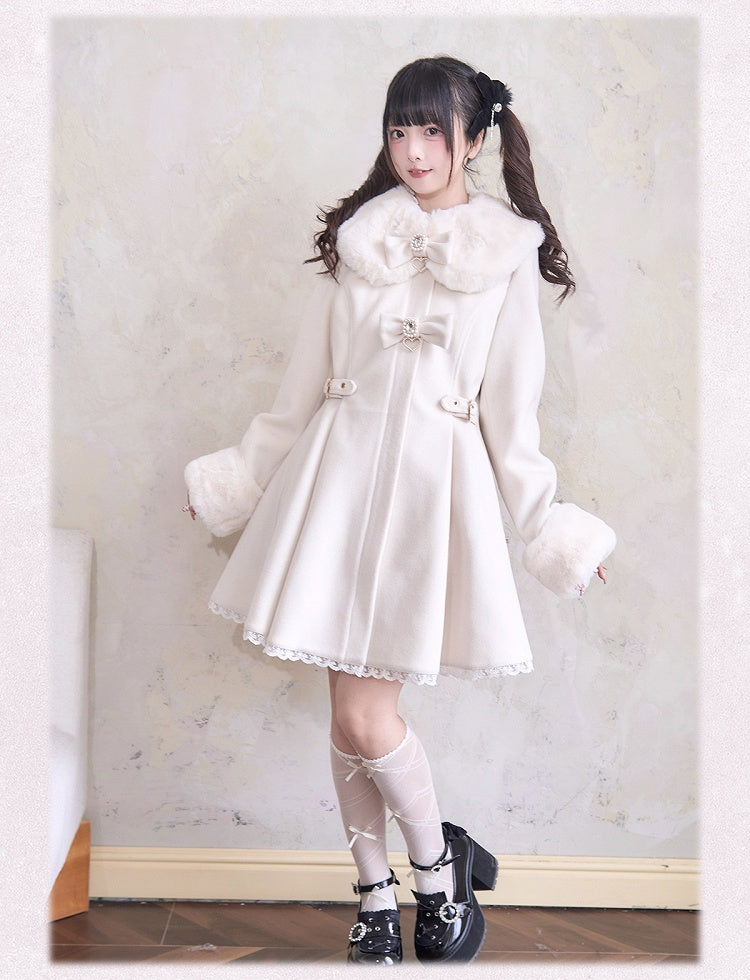 Cuffs and Beige Coat Rhinestones Lace Trim Jirai Kei Plush Bowknots Collar
