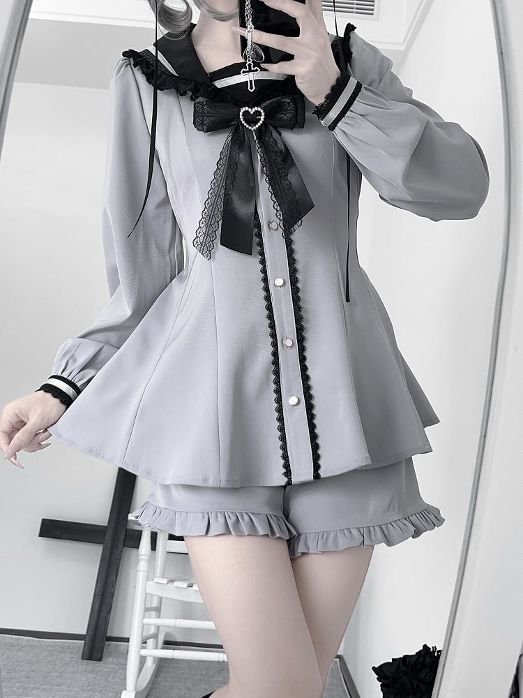 Lilafarbenes Design, Ohren, Krawatte, Jirai-Minikleid + Shorts-Set mit Rüschensaum + Schleife, Dusty Kei, Seemannskragen, Hase