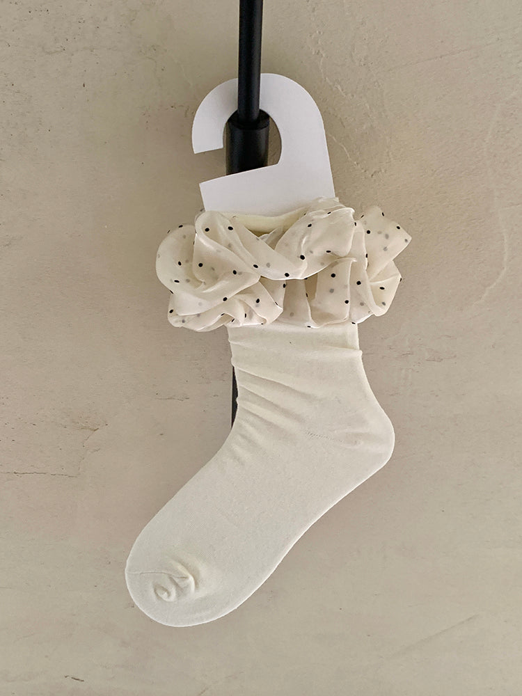 Lace Bubble Polka Dot Socks White/Black/Gray with Calf Cream Design