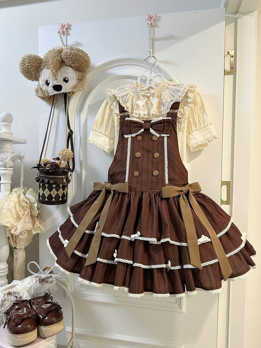 Accents Layered Sweet Bow with Ruffle Striped Overall Brown Dress Lolita