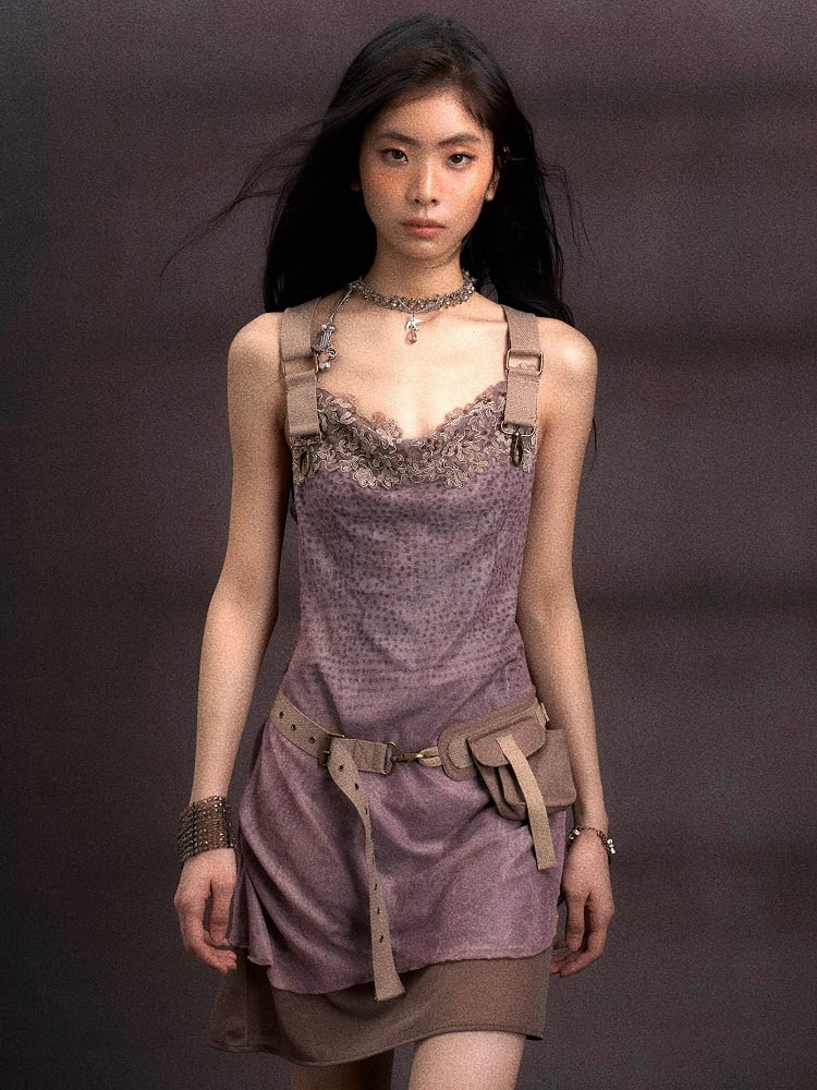 with Back Neck Adjustable Gray PU Belt Layered Dress Cowl Pink Merge-Strap