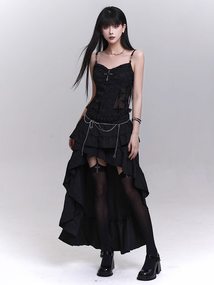 with Beaded Black Lace Patches Waist Cross Decorated Cami Top Chains