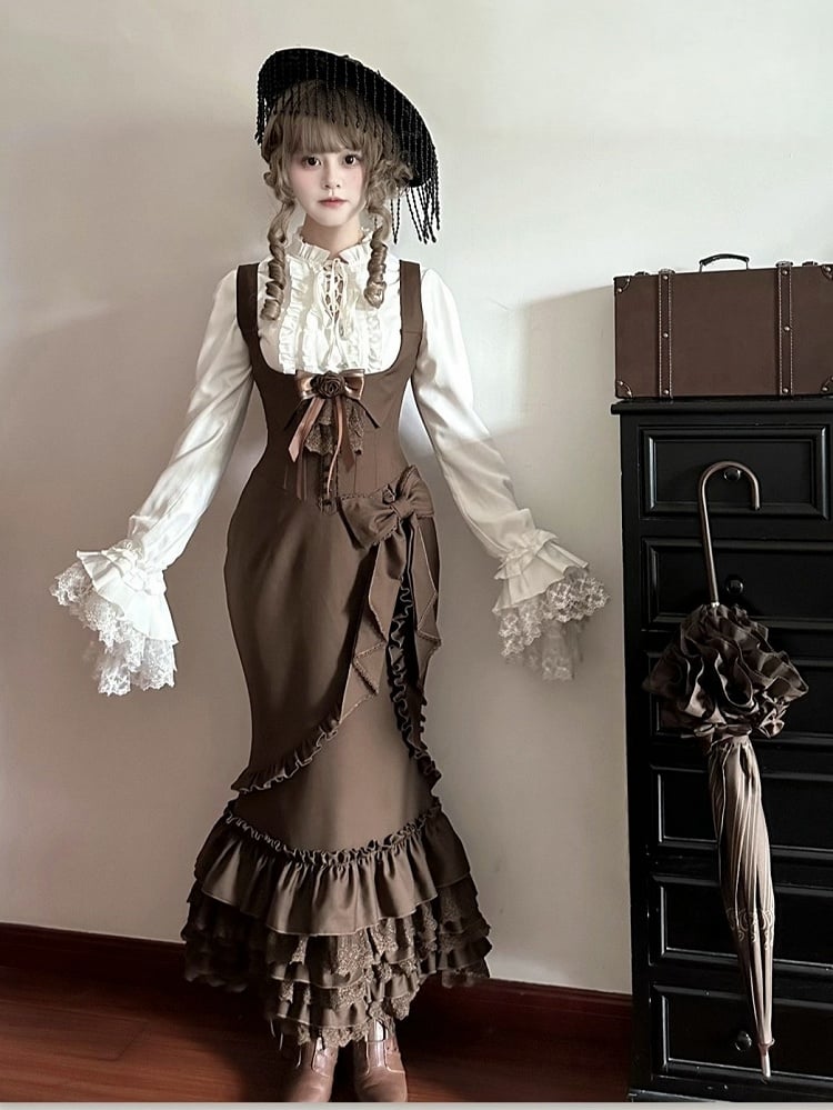 White & Brown Bell Sleeve Lolita Blouse with Bow Ruffle Mermaid Skirt Set - The First Witch