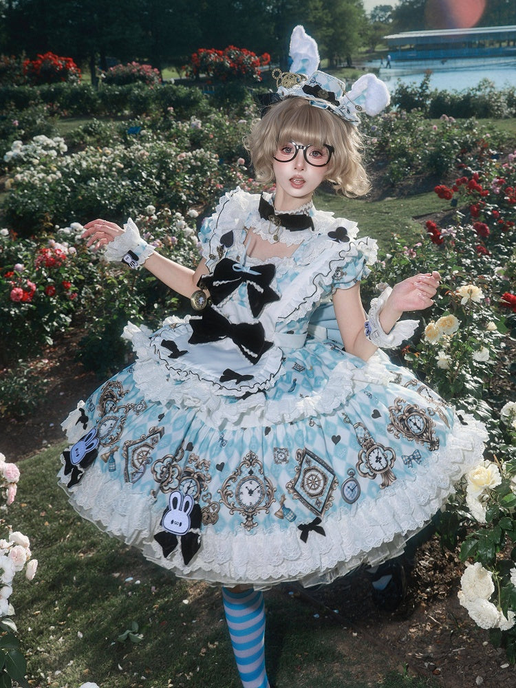 Blue White Diamond Sweet Lolita OP Dress with White Apron - Untitled Heartbeat