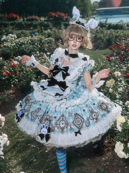 Blue White Diamond Sweet Lolita OP Dress with White Apron - Untitled Heartbeat