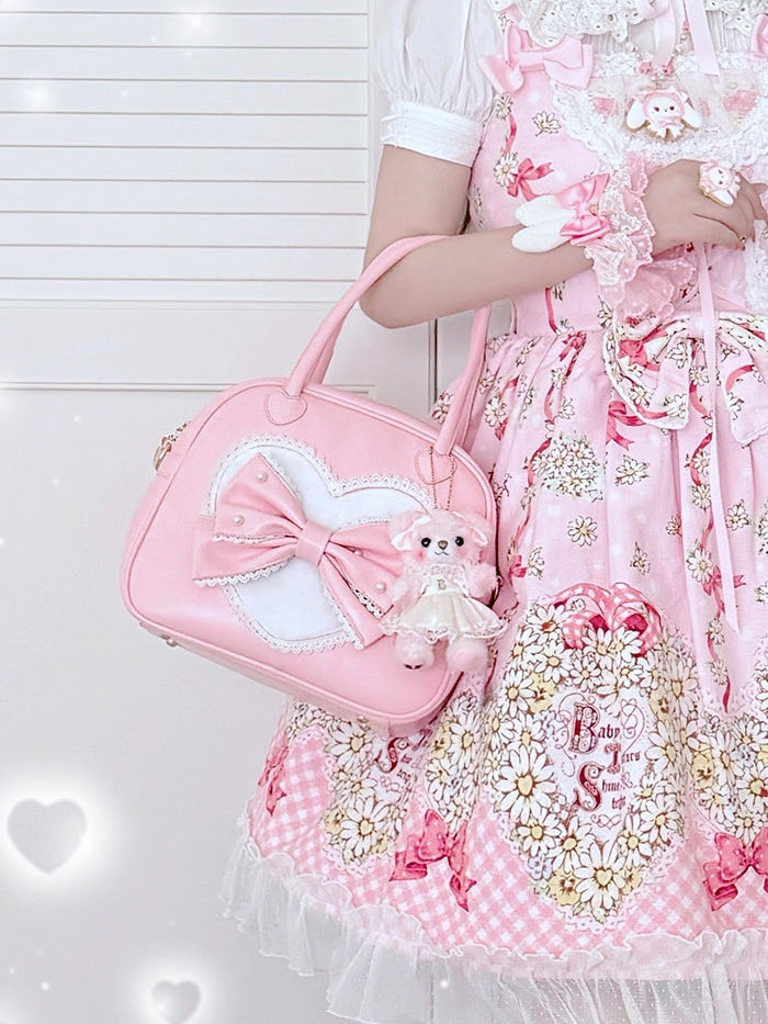 Perlenverzierte Schleife Plüschhandtasche Rosa Süßes Lolita-Herz