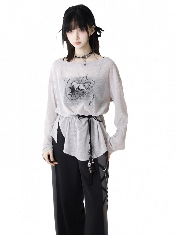 ストラップバニープリントカバーアップ+キャミトップ+セルフタイグレーオフショルダーピースの3点セット