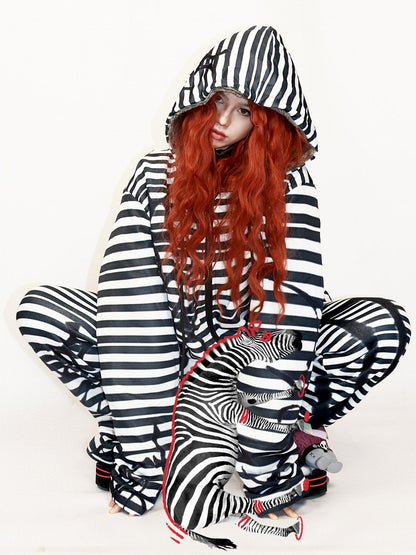Hoodie Oversized Gyaru Schwarz-Weiß Muster Mode Reißverschluss Gestreifter Verschluss