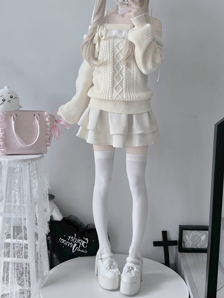 Jirai Kei – Beigefarbener Pullover im Landminen-Stil mit schulterfreier Schleife
