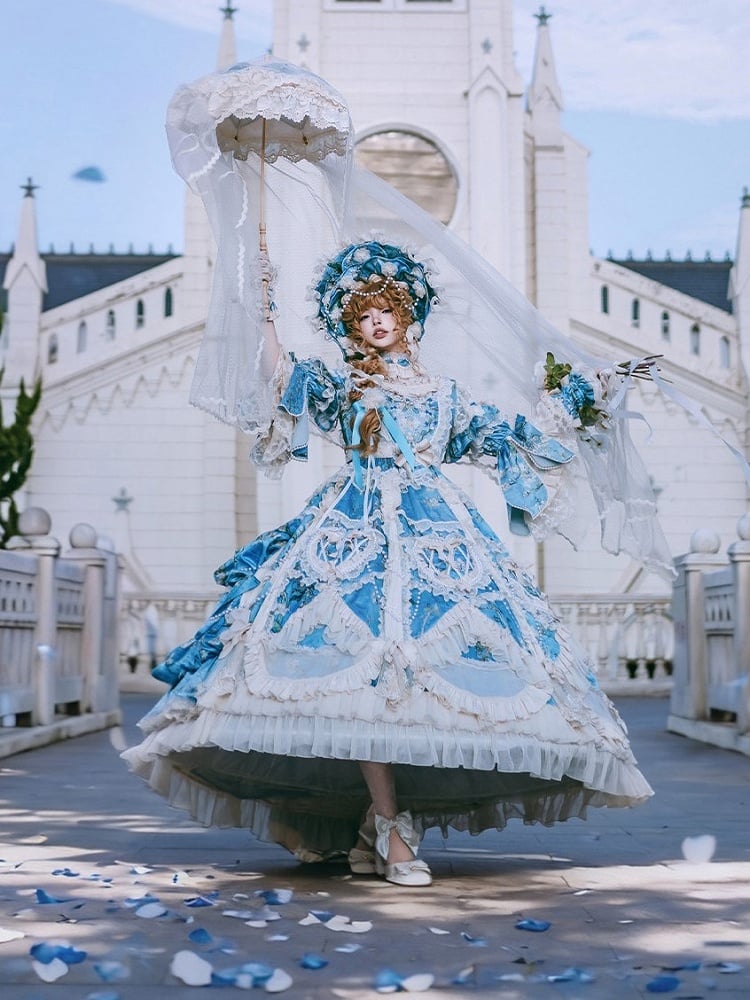 with Sleeves Sweetheart and Ruffle Layers Bell Applique Gorgeous Blue Gown Hime Lolita Beaded Lace