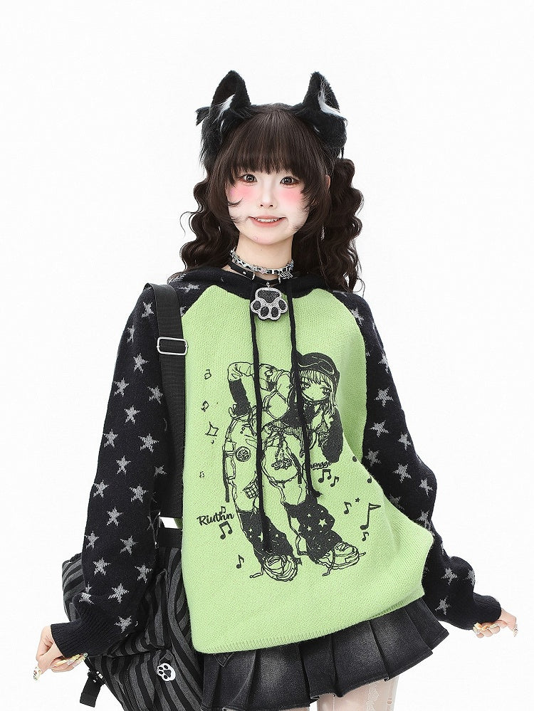 Orange Cartoon Kawaii - Pattern Pink/Green Sweater Girl and Star Drawstring Daily Hood
