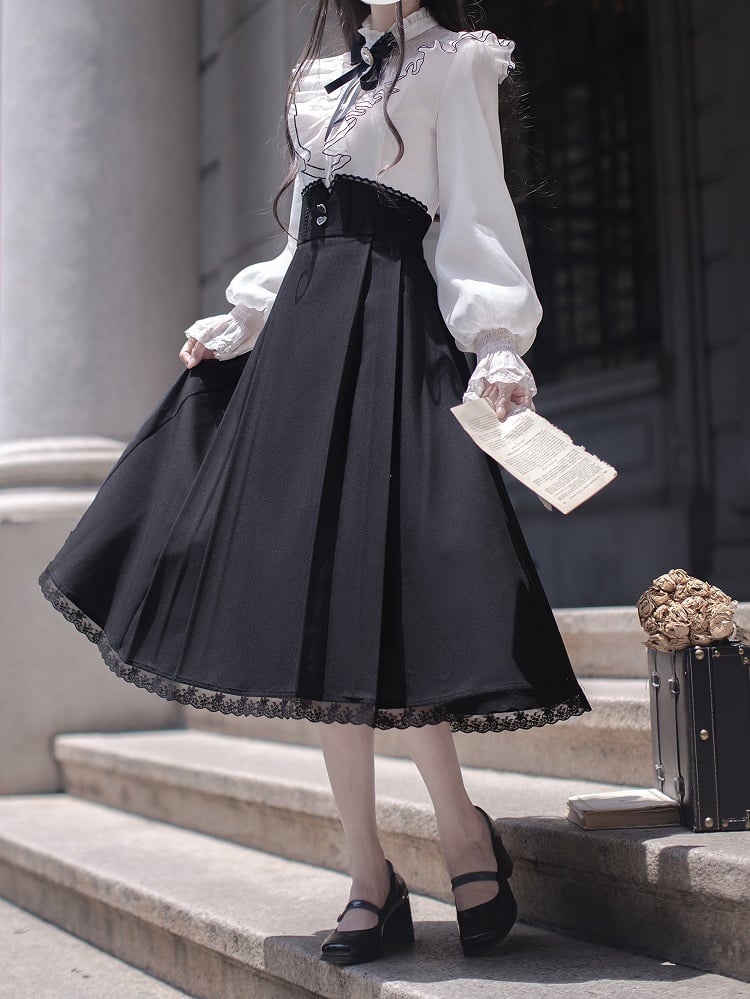 Long Kei Clean Faux Aesthetic with Flounce Innocent - White Elegant Neckline Two-Piece Tiered and Jirai Dress Black