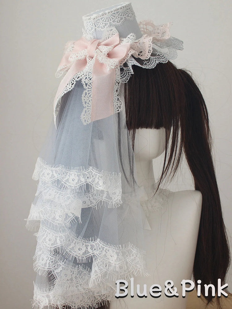 Layered Bow Veil with Hat Lace Mini Head