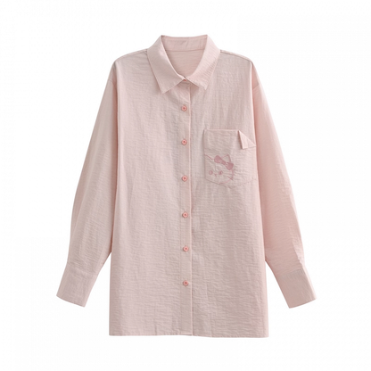 Back Shirt Kitty Embroidery on Pocket Kitty-shaped Detail Blue/Pink Loose Cutout