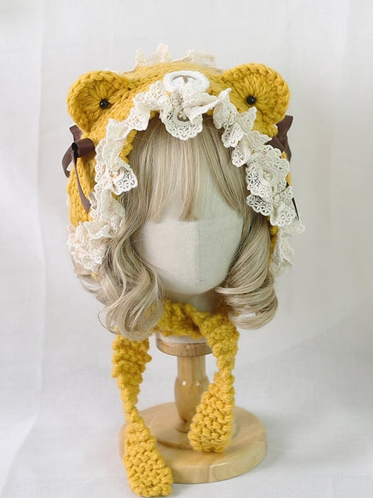 Lolita Ear 4 Detachable Lace-trimmed Knitted Colors Bowknot Bear With Sweet Hat
