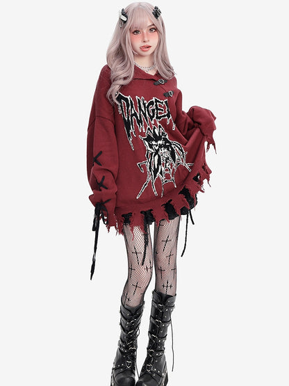 Y2K ダークレッド スパイダー柄 ディストレストリム ルーズセーター レースアップディテールスリーブ
